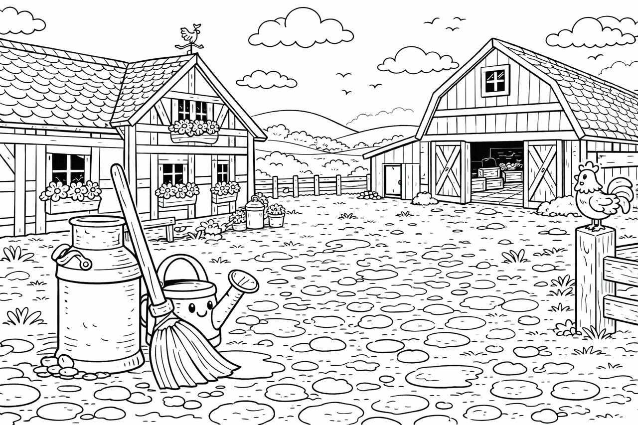 Traditioneller Bauernhof im Frühling - Ausmalbild
