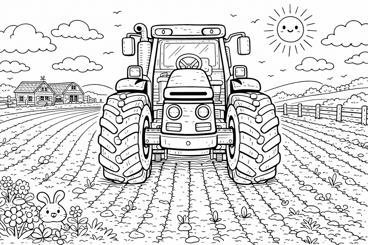 Kawaii Traktor auf dem Feld - Ausmalbild