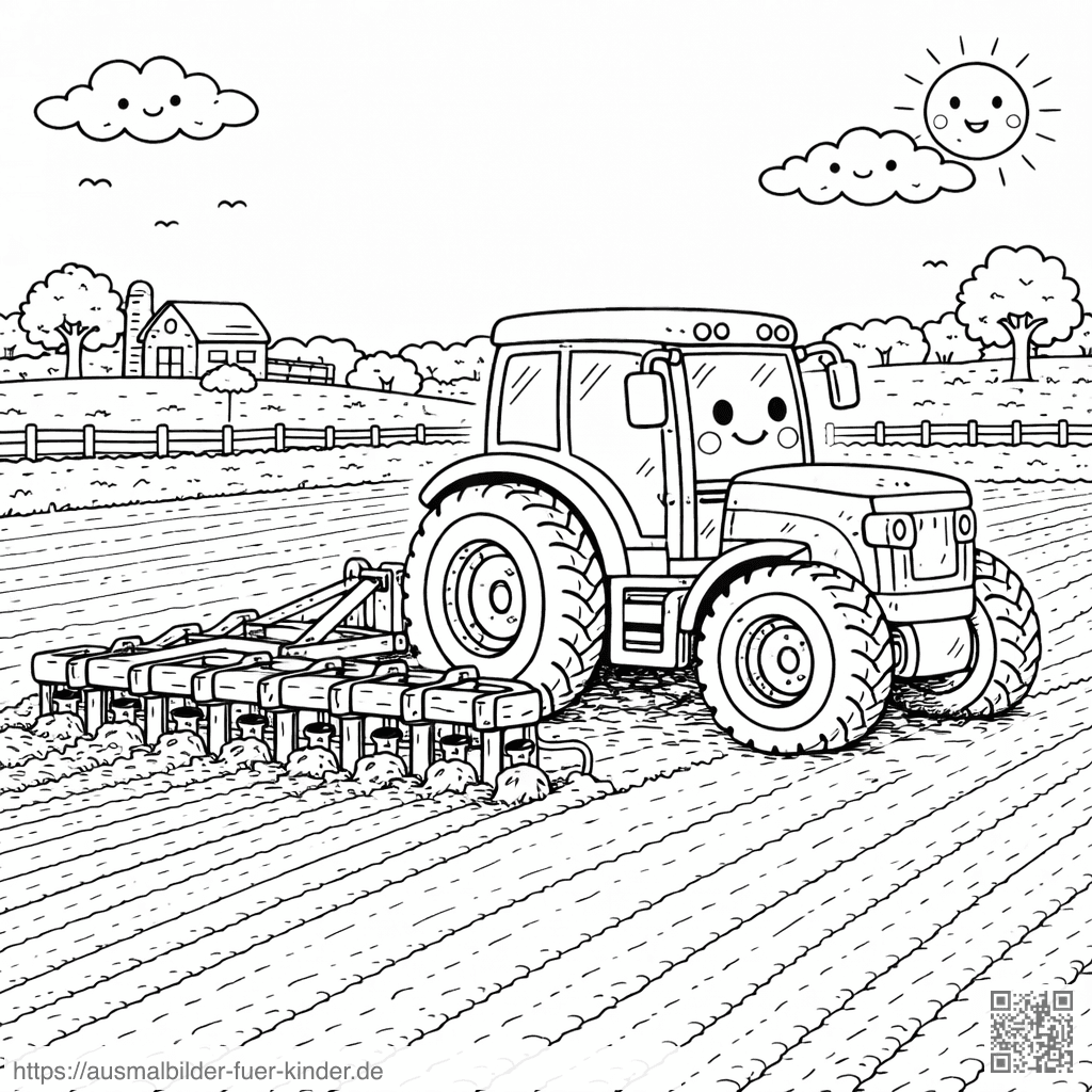 Kawaii Traktor bei der Feldbearbeitung - Ausmalbild