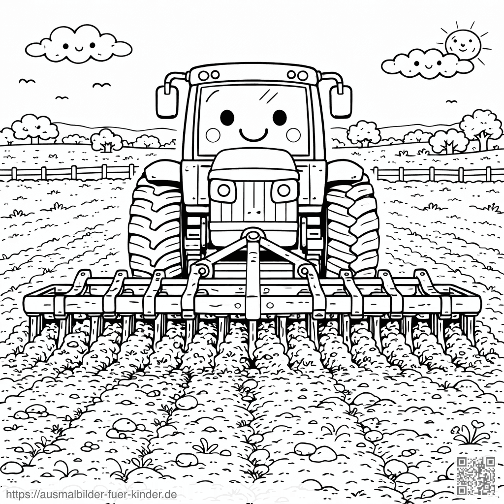 Kawaii Traktor im Feld - Ausmalbild