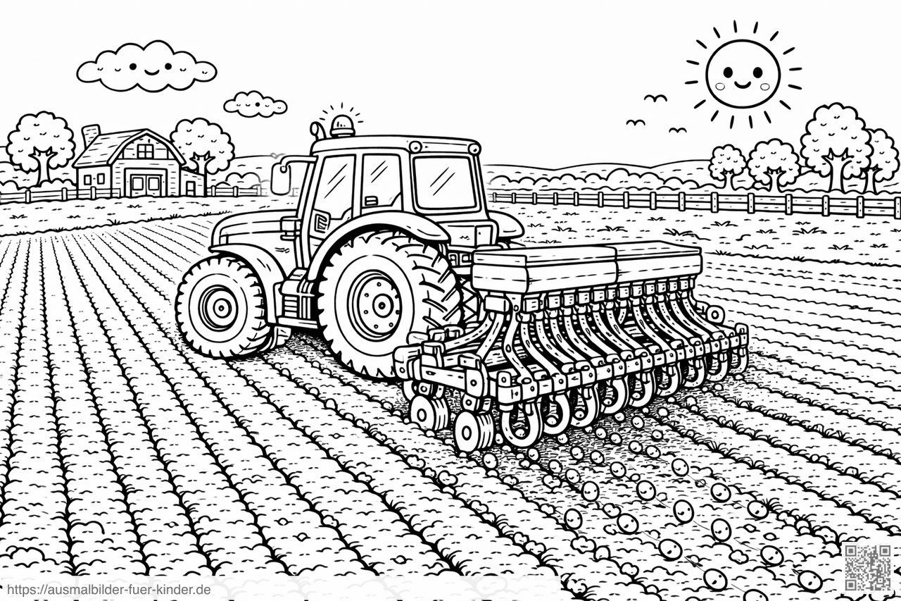 Traktor beim Säen auf dem Feld - Ausmalbild