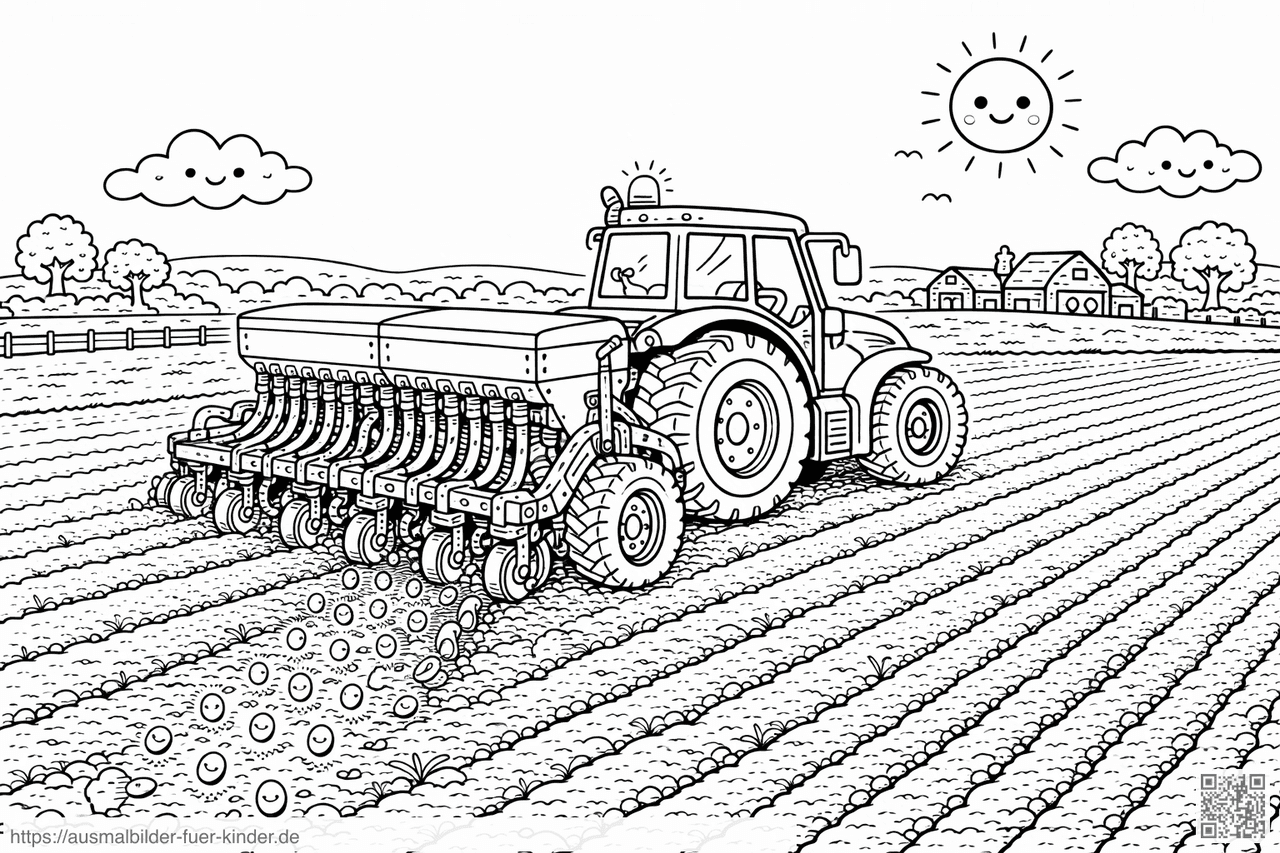 Traktor mit Sämaschine auf dem Feld - Ausmalbild