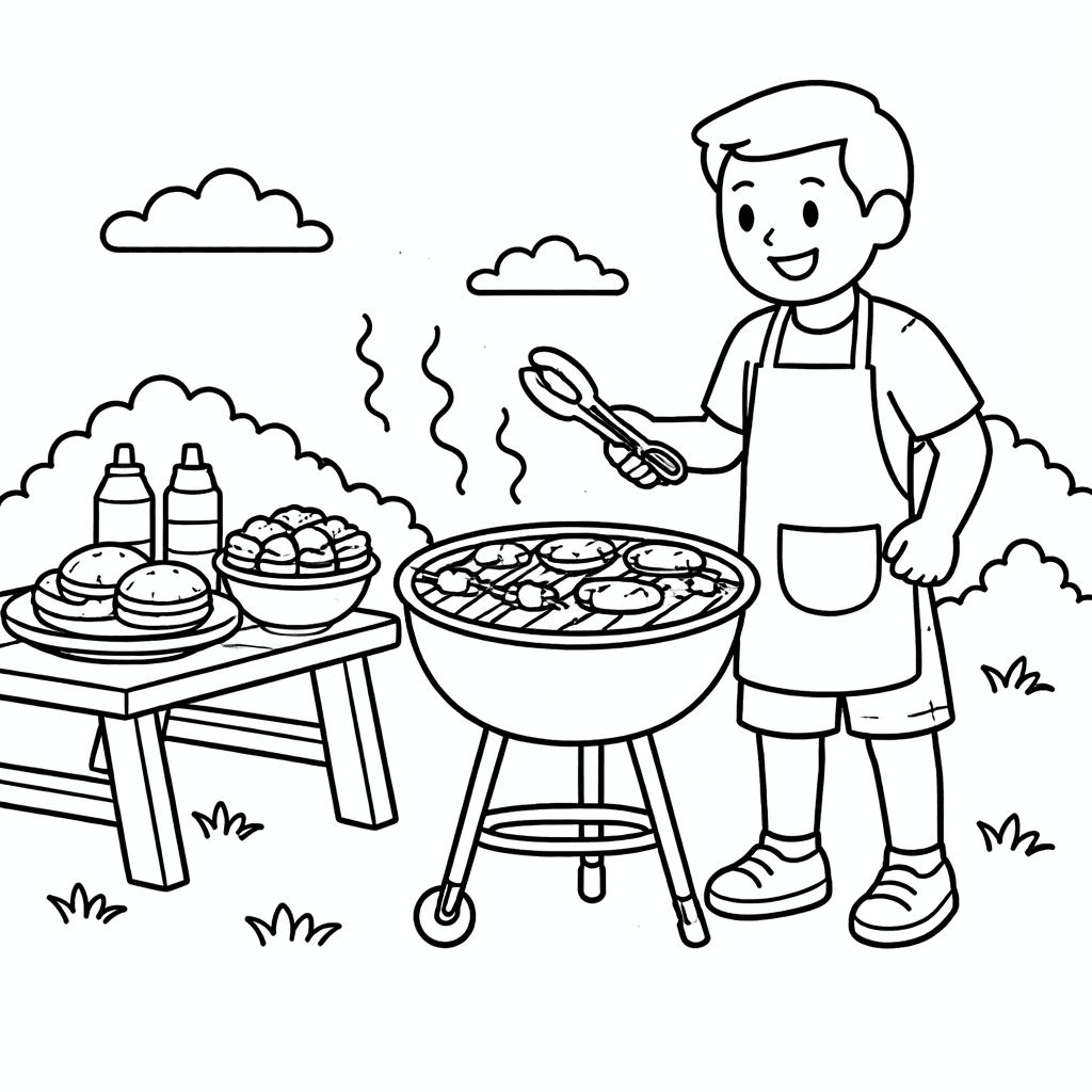 Vater Beim Grillen Im Garten - Ausmalbild