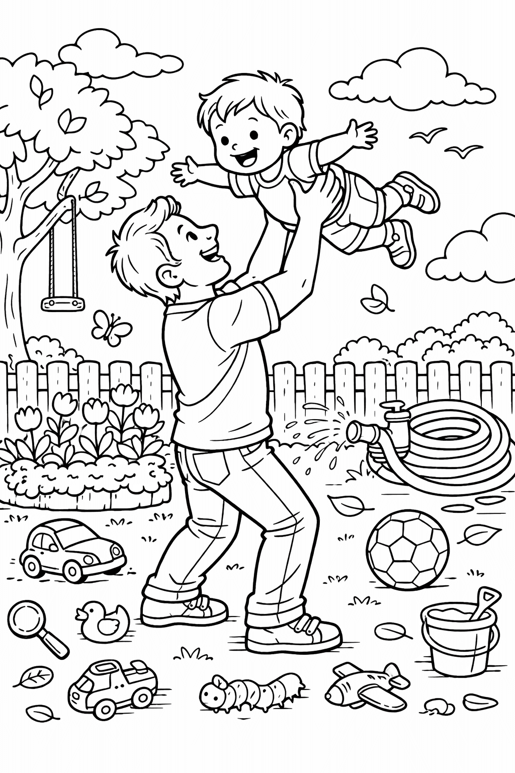 Vater hebt Kind im Garten - Ausmalbild