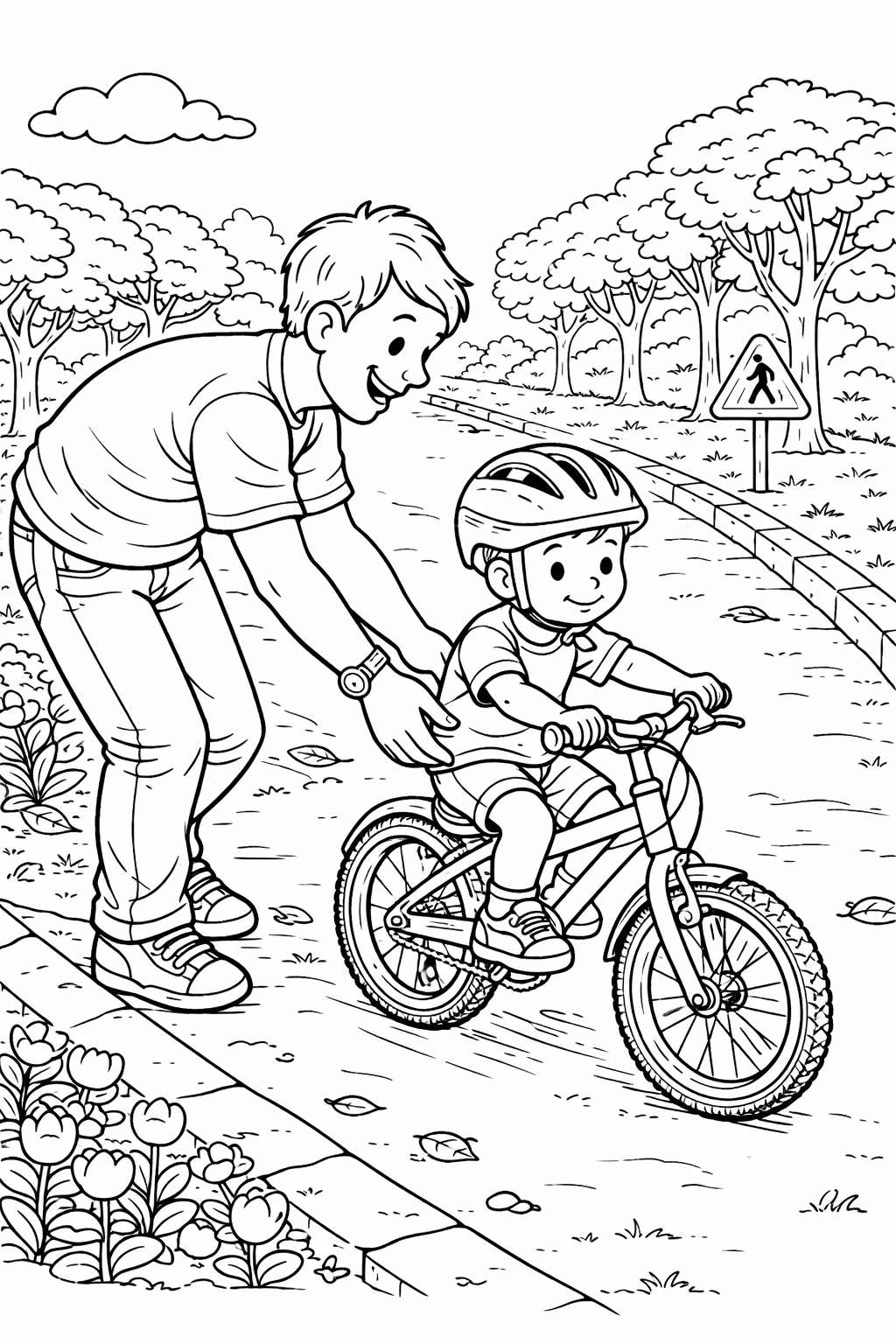 Vater hilft Kind beim Radfahren - Ausmalbild