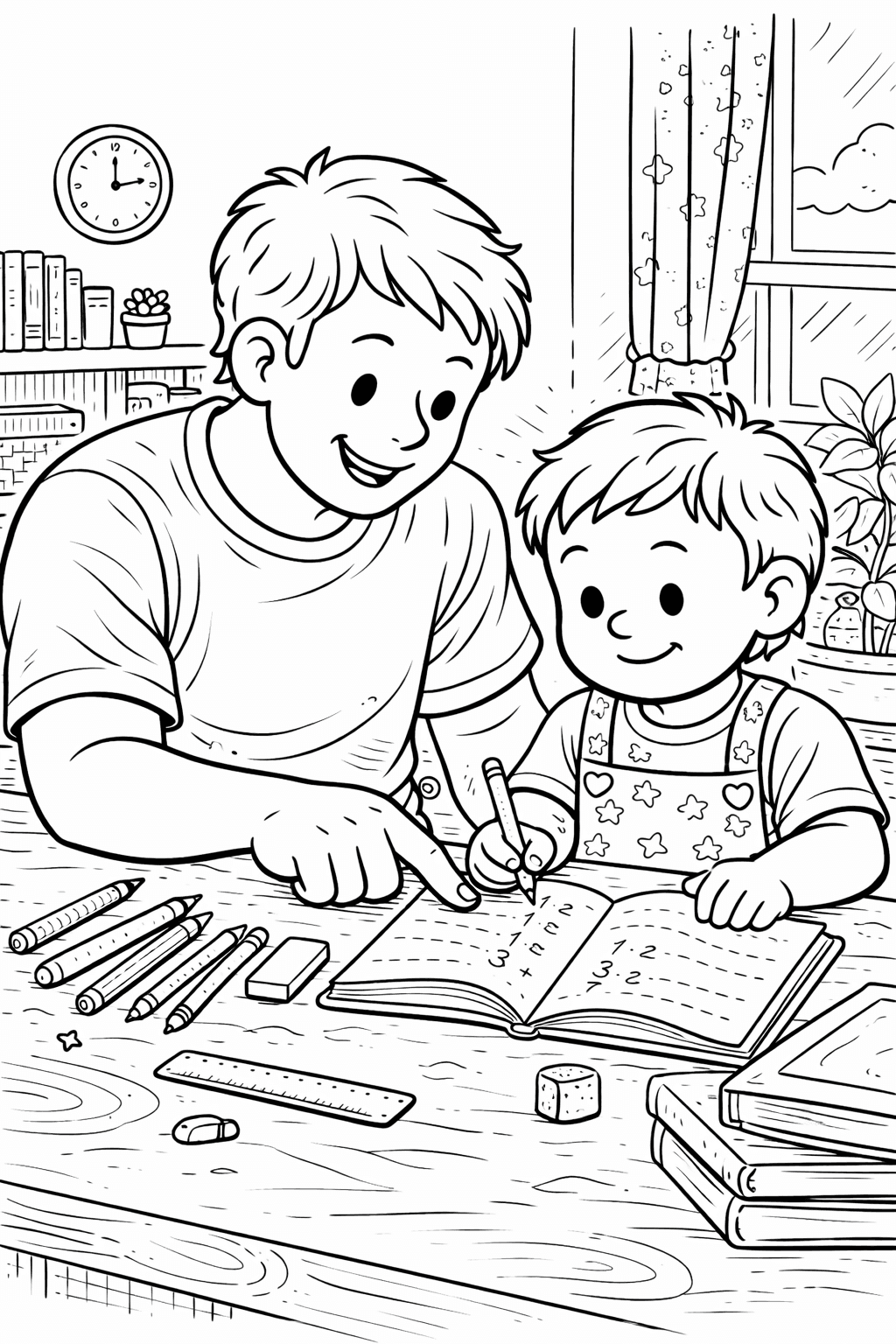 Vater und Kind bei den Hausaufgaben - Ausmalbild