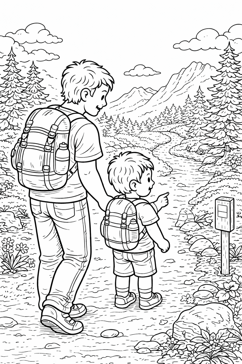 Vater und Sohn auf Wanderung - Ausmalbild