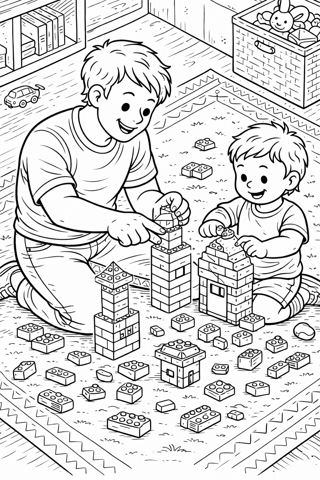 Vater und Sohn beim Lego-Bauen - Ausmalbild