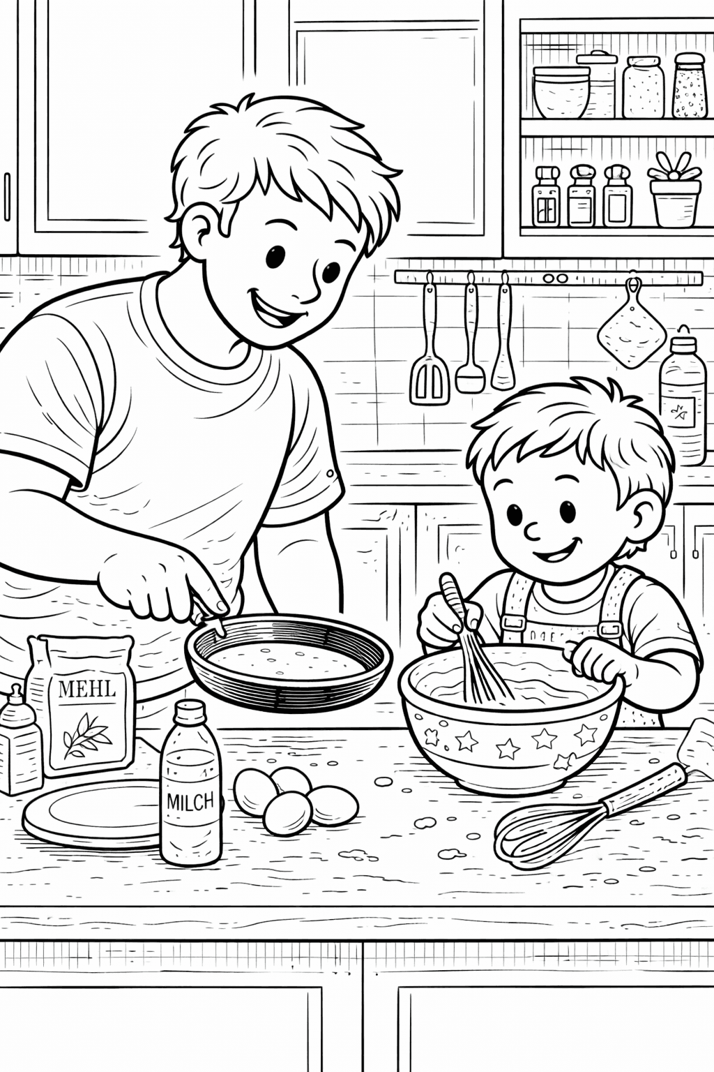 Vater und Sohn beim Pfannkuchen machen - Ausmalbild