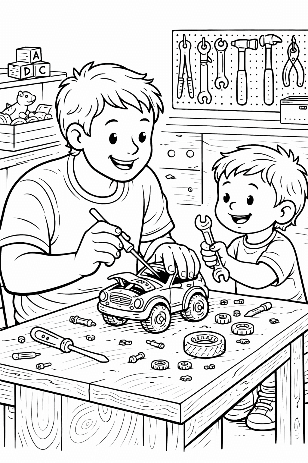 Vater und Sohn beim Spielzeug reparieren - Ausmalbild