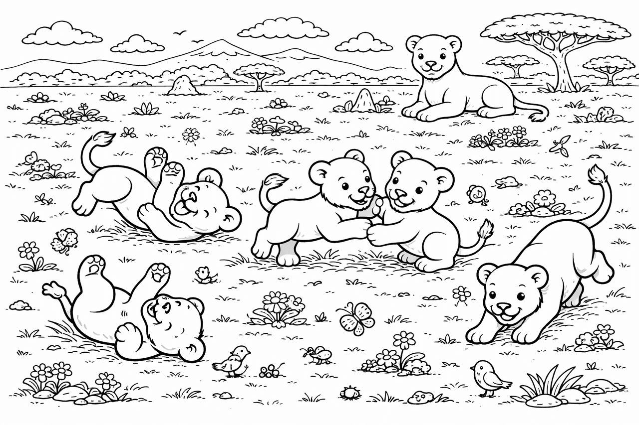 Verspielte Löwenbabys im Grasland - Ausmalbild