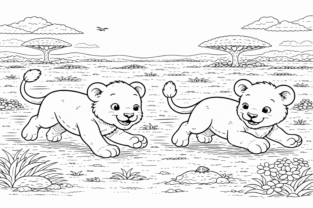 Verspielte Löwenbabys in der Savanne - Ausmalbild