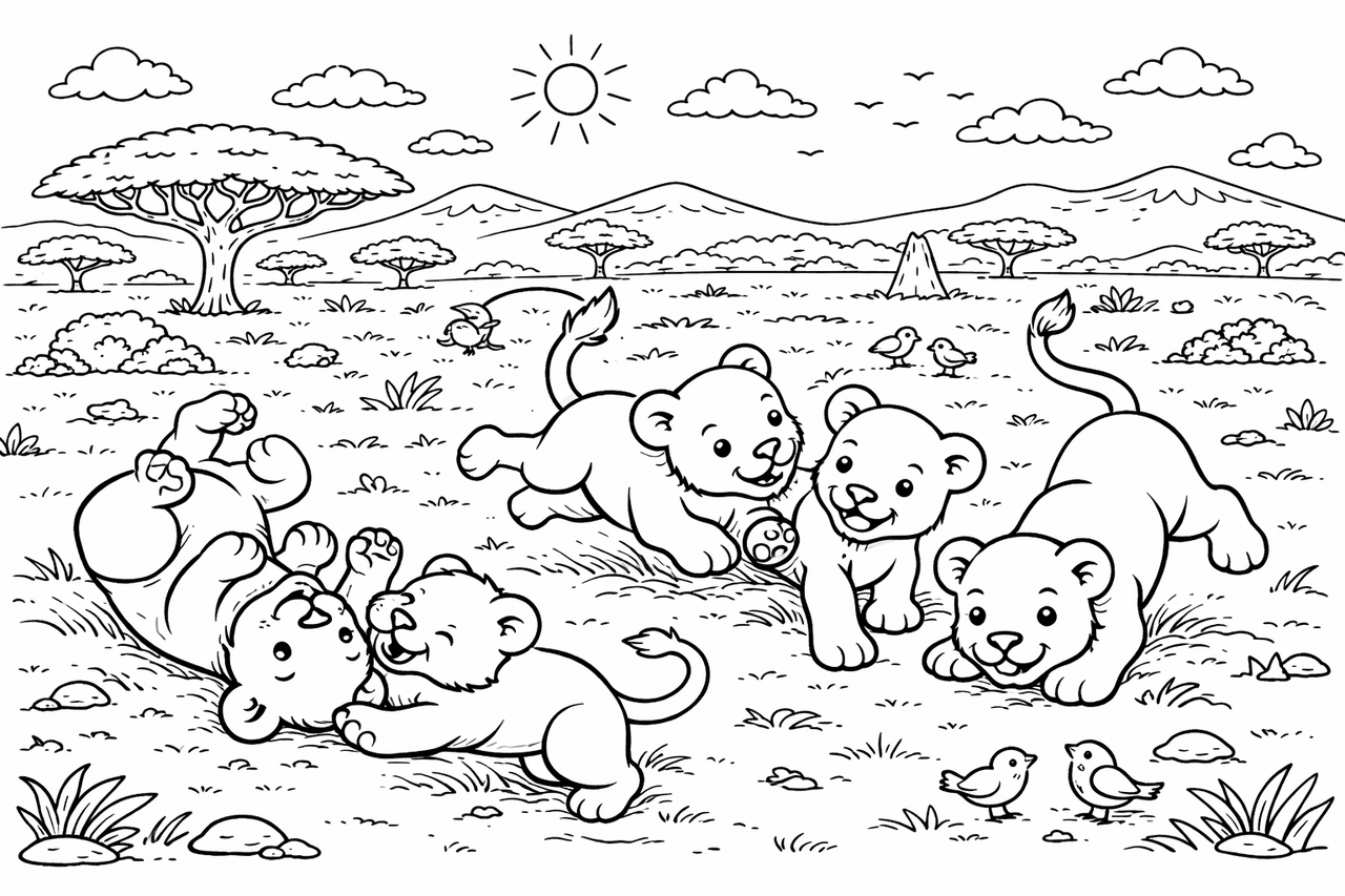 Verspielte Löwenkätzchen in der Savanne - Ausmalbild