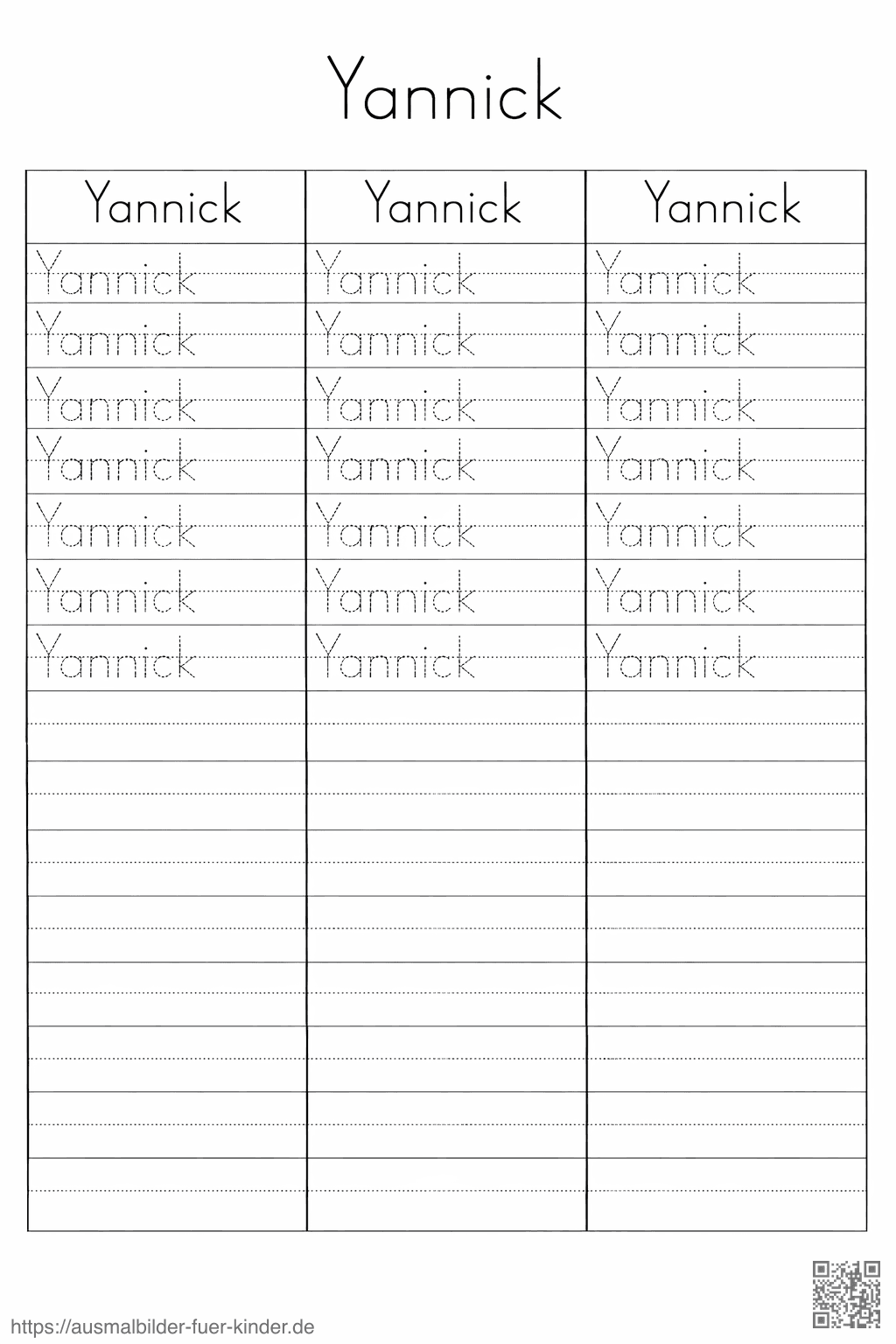 Handschriftübung für Yannick - Namen Übungsblatt