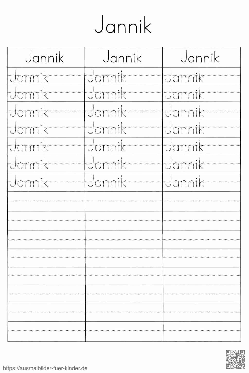 Lernblatt für den Namen Jannik - Namen Übungsblatt