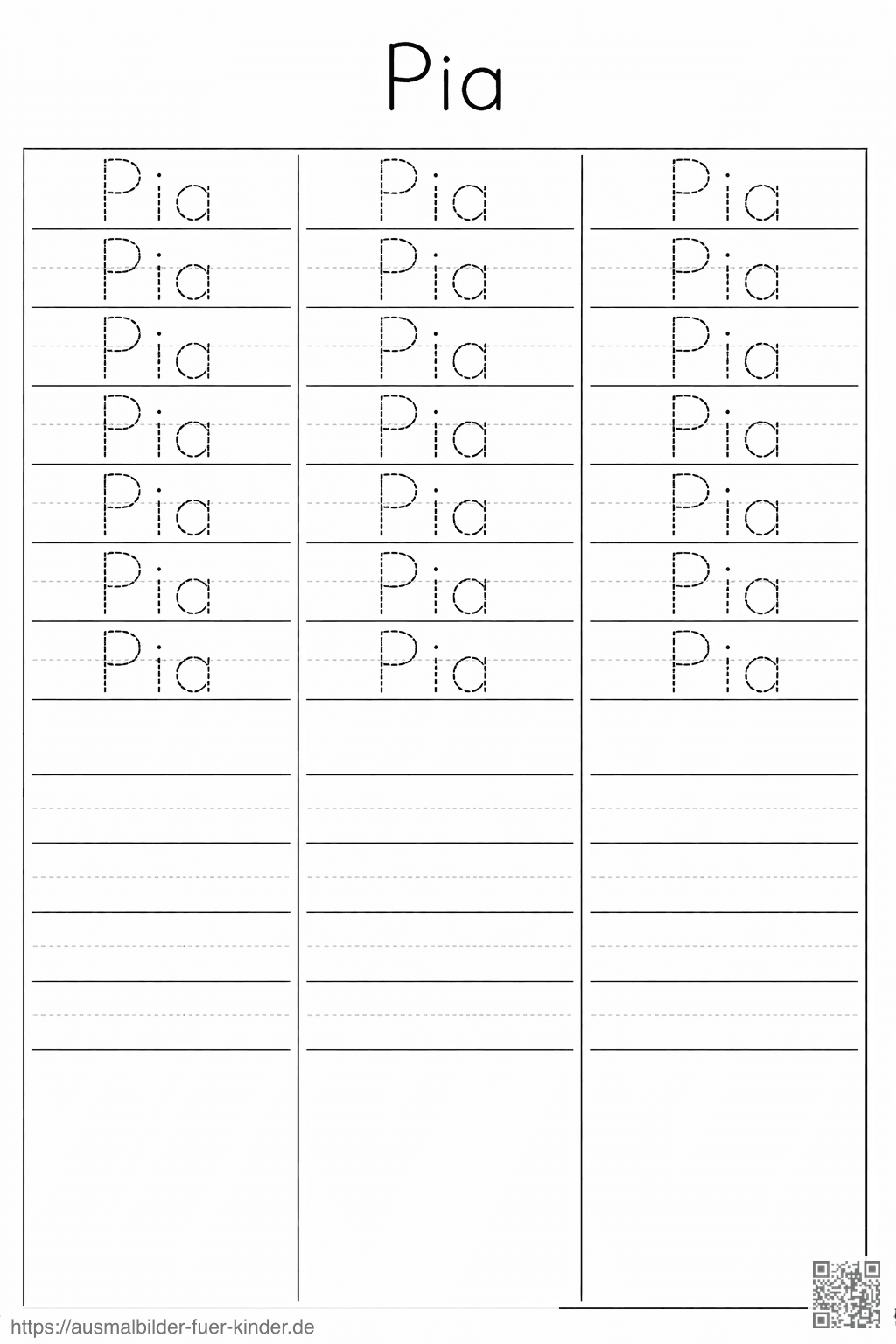 Schreibübung _Pia_ für Kinder - Namen Übungsblatt