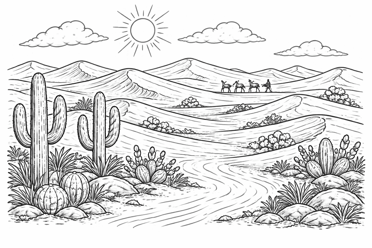 Wüstenlandschaft mit Kamelen - Ausmalbild