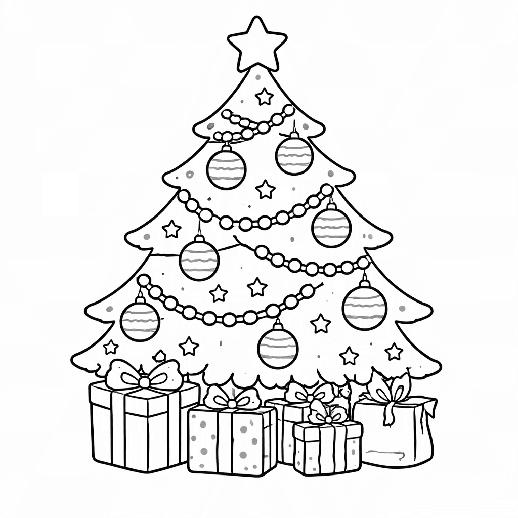 Weihnachtsbaum Mit Geschenken Und Stern - Ausmalbild