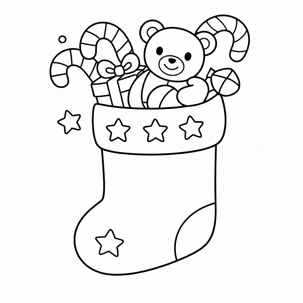 Weihnachtssocke Mit Geschenken Und BäR - Ausmalbild