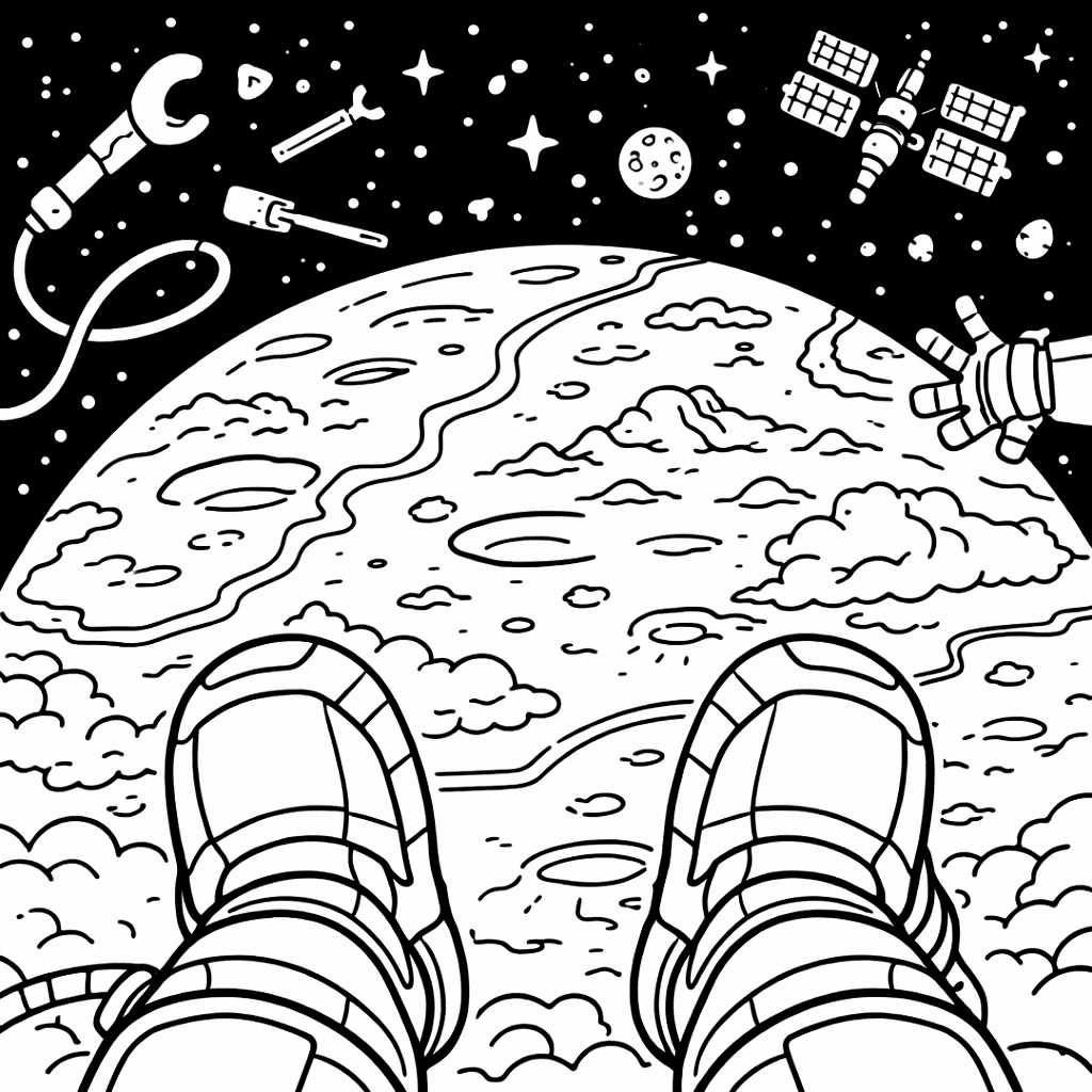 Astronautenstiefel im Weltall - Ausmalbild