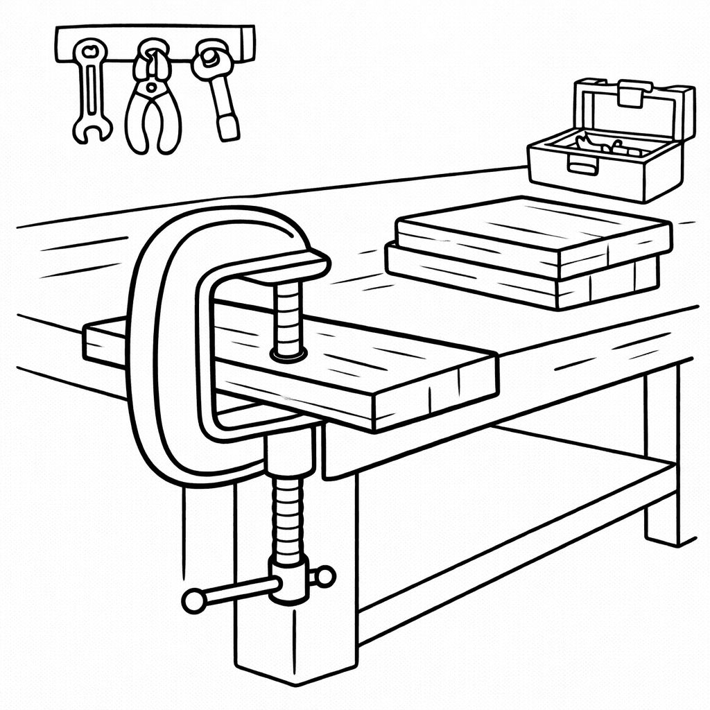 Werkbank mit Schraubzwinge - Ausmalbild