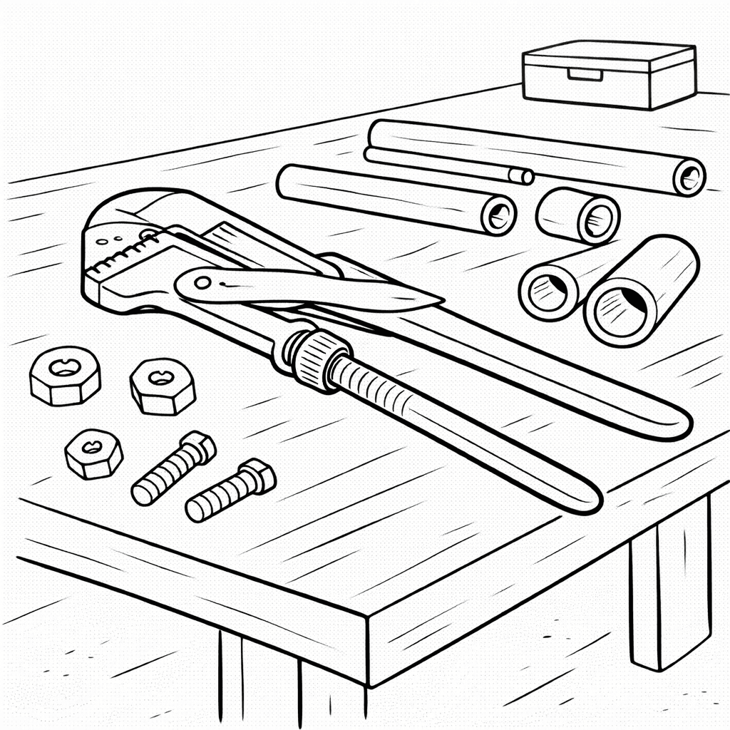 Werkbank mit mehreren Rohrzangen - Ausmalbild