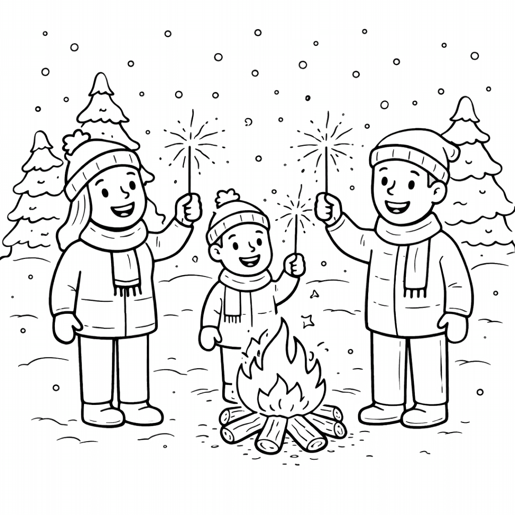 Winterfreude am Lagerfeuer - Ausmalbild