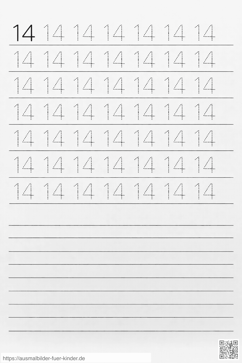 Übung zum Schreiben der Zahl 14 - Ausmalbild
