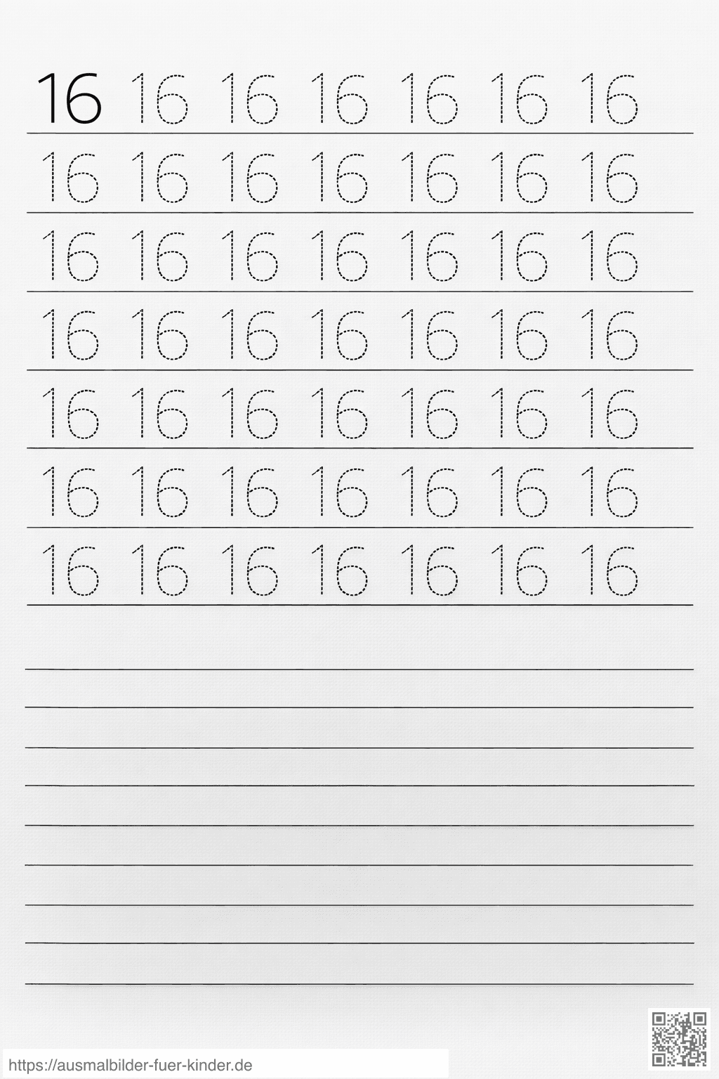 Übung zum Schreiben der Zahl 16 - Ausmalbild