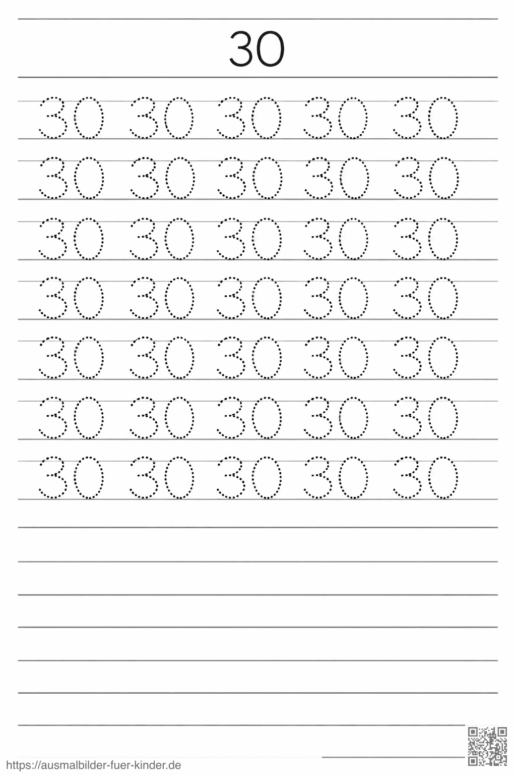 Übung zum Schreiben der Zahl 30 - Ausmalbild