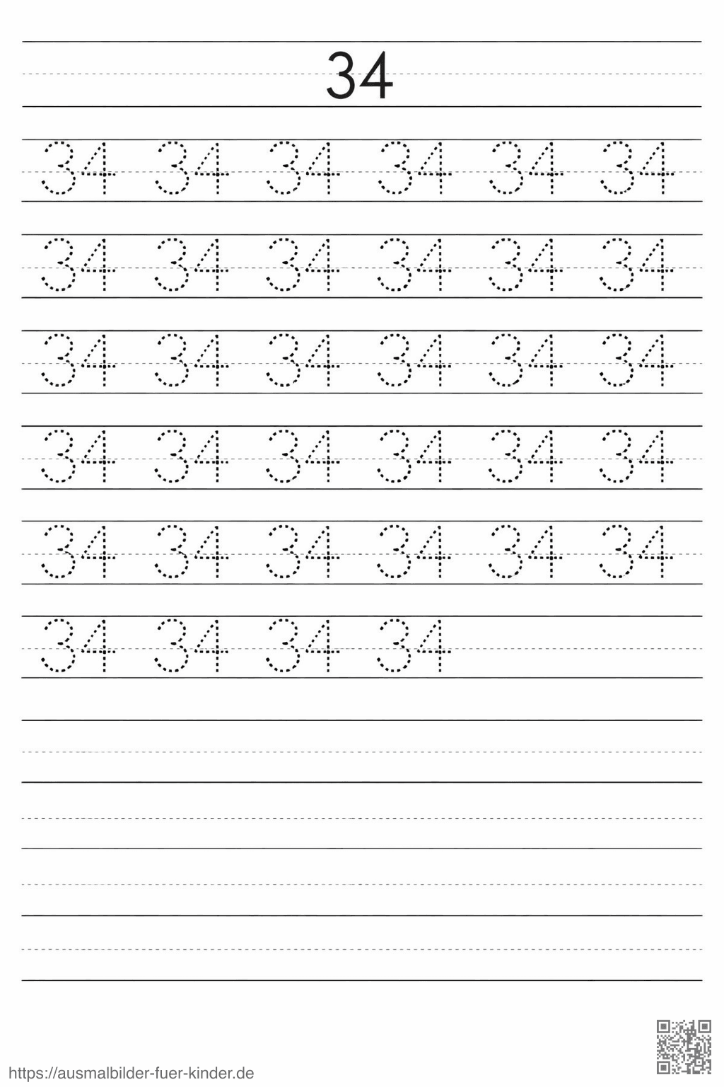 Übung zum Schreiben der Zahl 34 - Ausmalbild