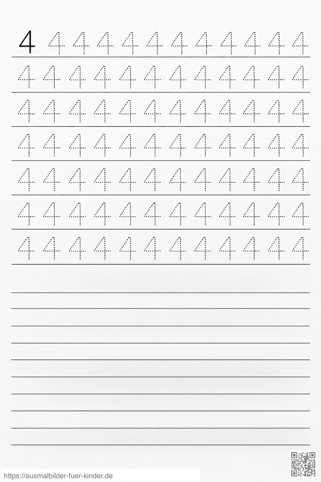 Übung zum Schreiben der Zahl 4 - Ausmalbild