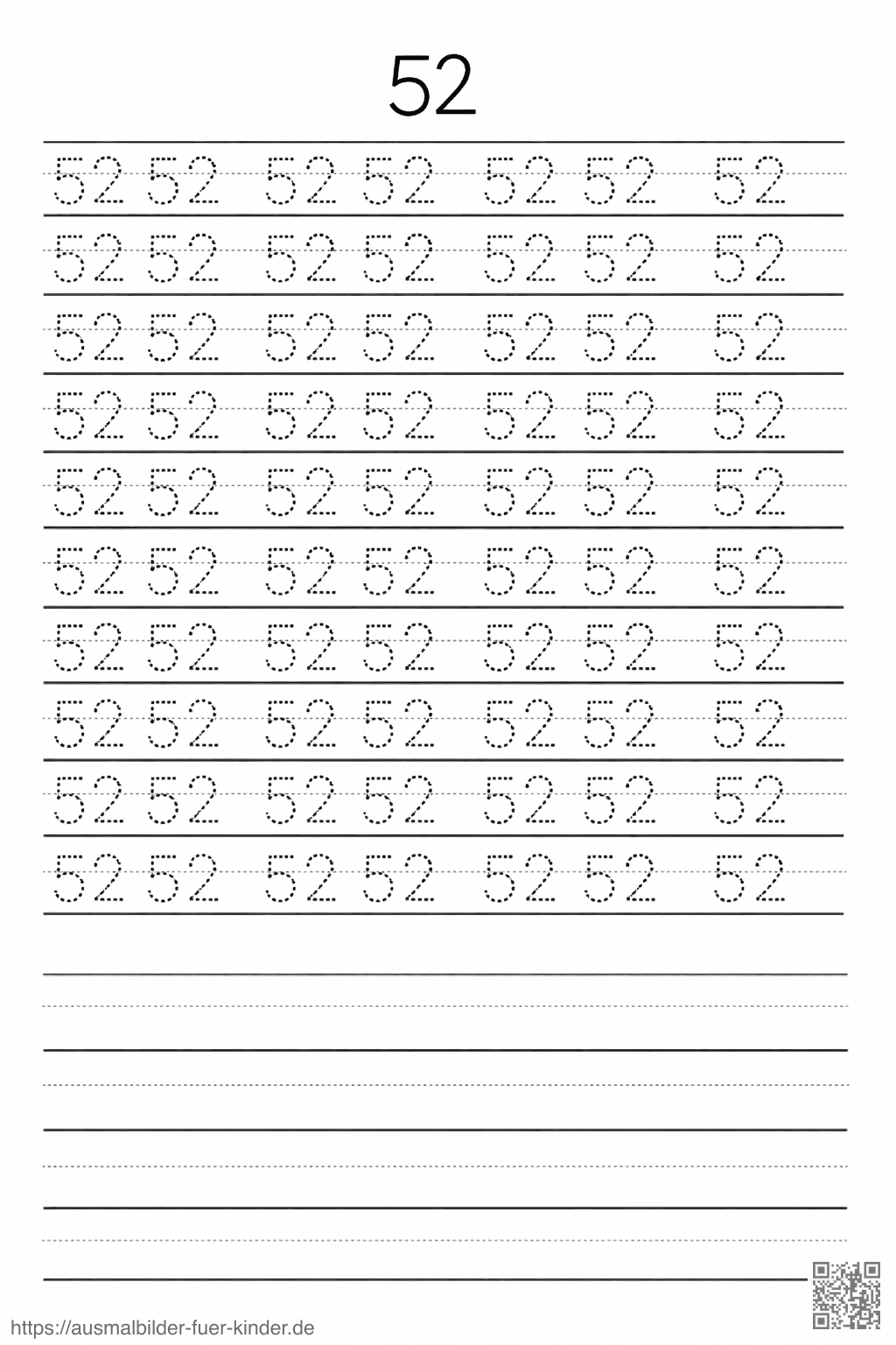 Übung zum Schreiben der Zahl 52 - Ausmalbild