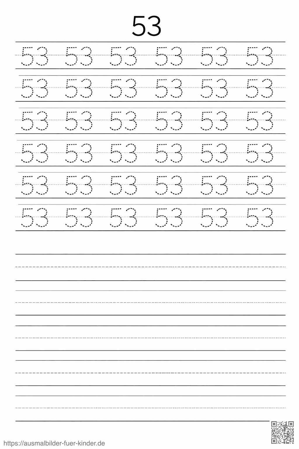 Übung: Zahl 53 zum Nachzeichnen - Ausmalbild