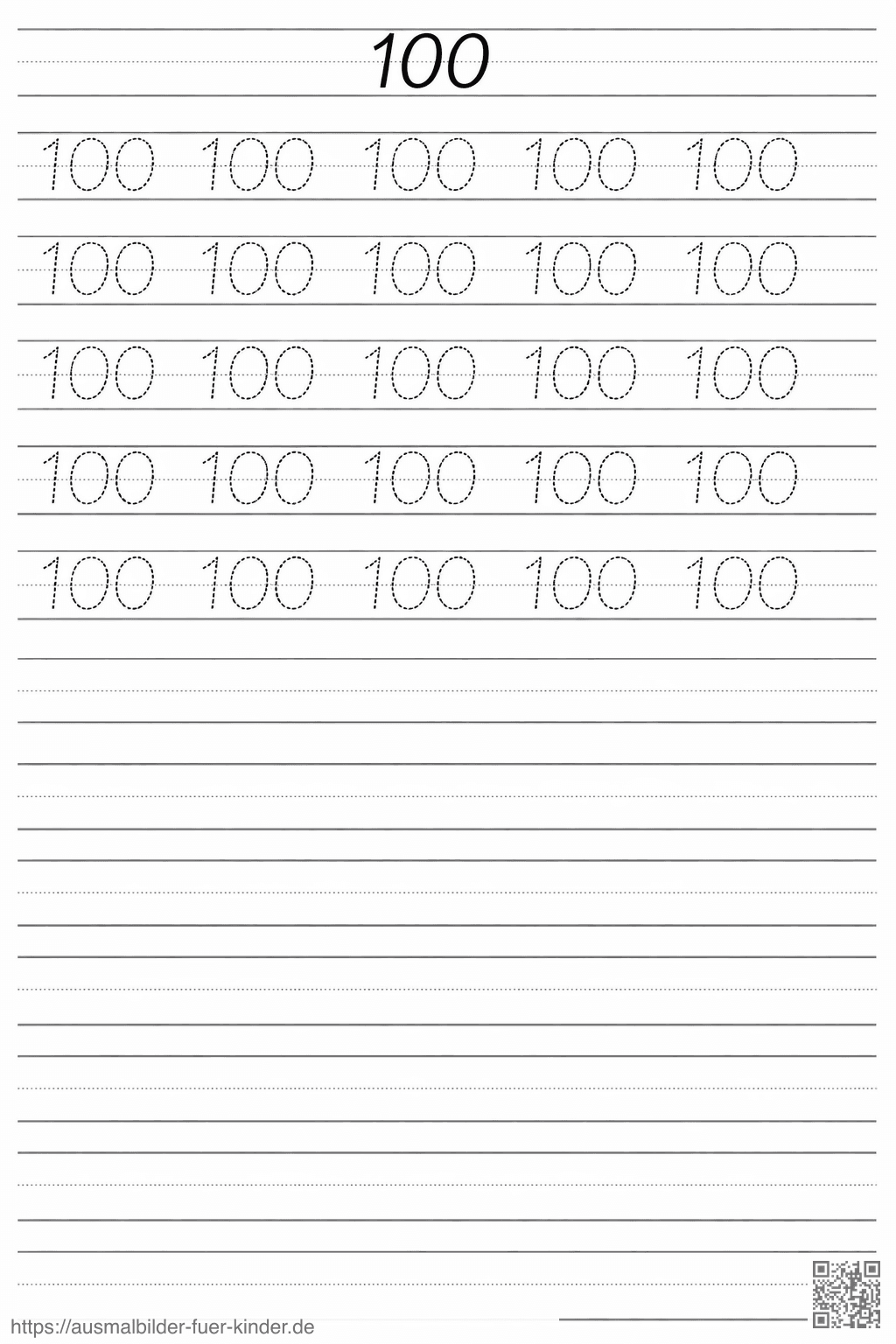 Übungsblatt für die Zahl 100 - Ausmalbild
