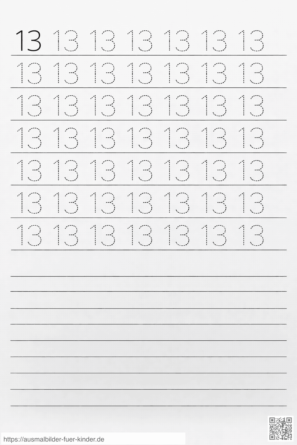 Arbeitsblatt zum Üben der Zahl 13 - Ausmalbild