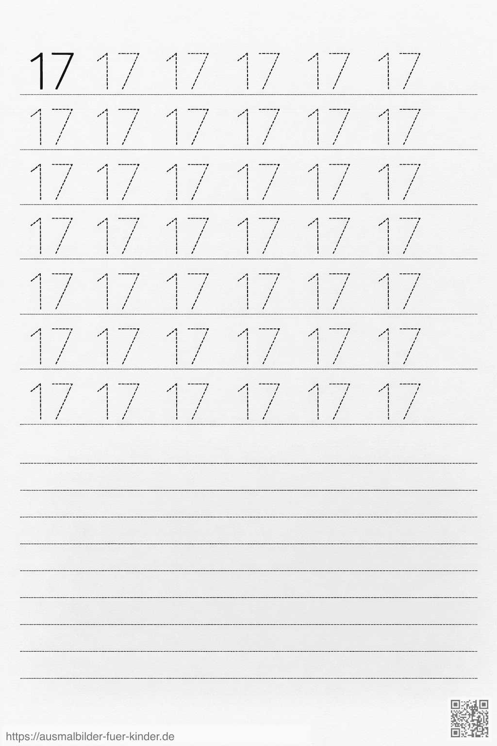 Lernblatt für Zahl 17 - Ausmalbild zum Nachzeichnen