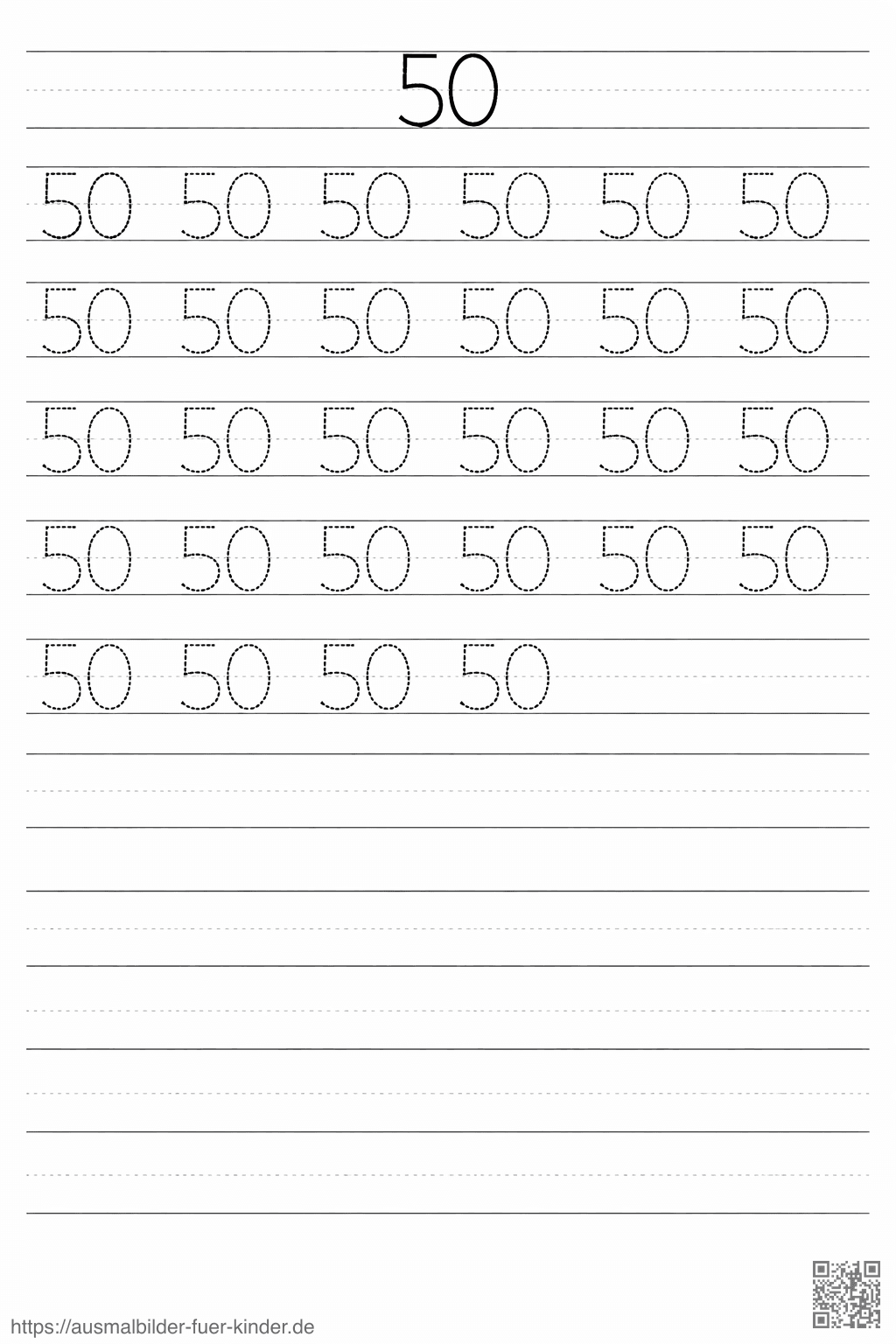 Lernblatt zum Üben der Zahl 50 - Ausmalbild