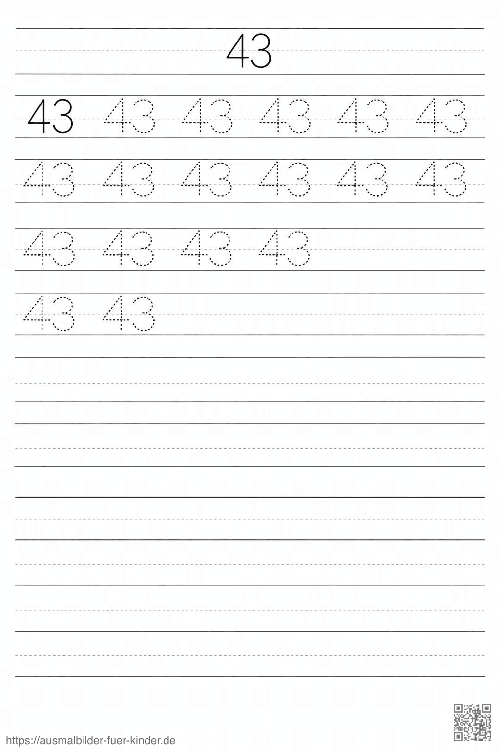 Lernblatt zum Schreiben der Zahl 43 - Ausmalbild