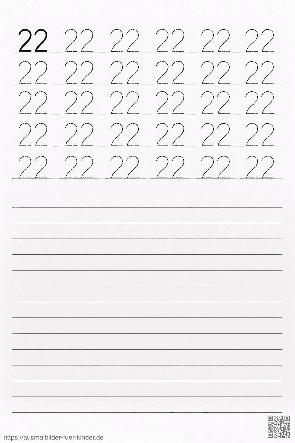 Schreibübung für die Zahl 22 - Ausmalbild
