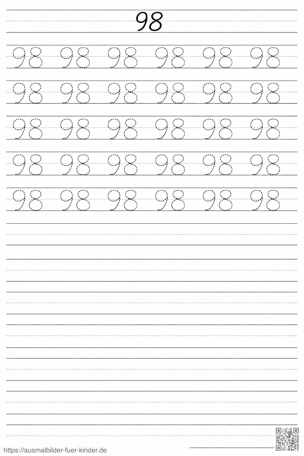 Schreibübung für die Zahl 98 - Ausmalbild