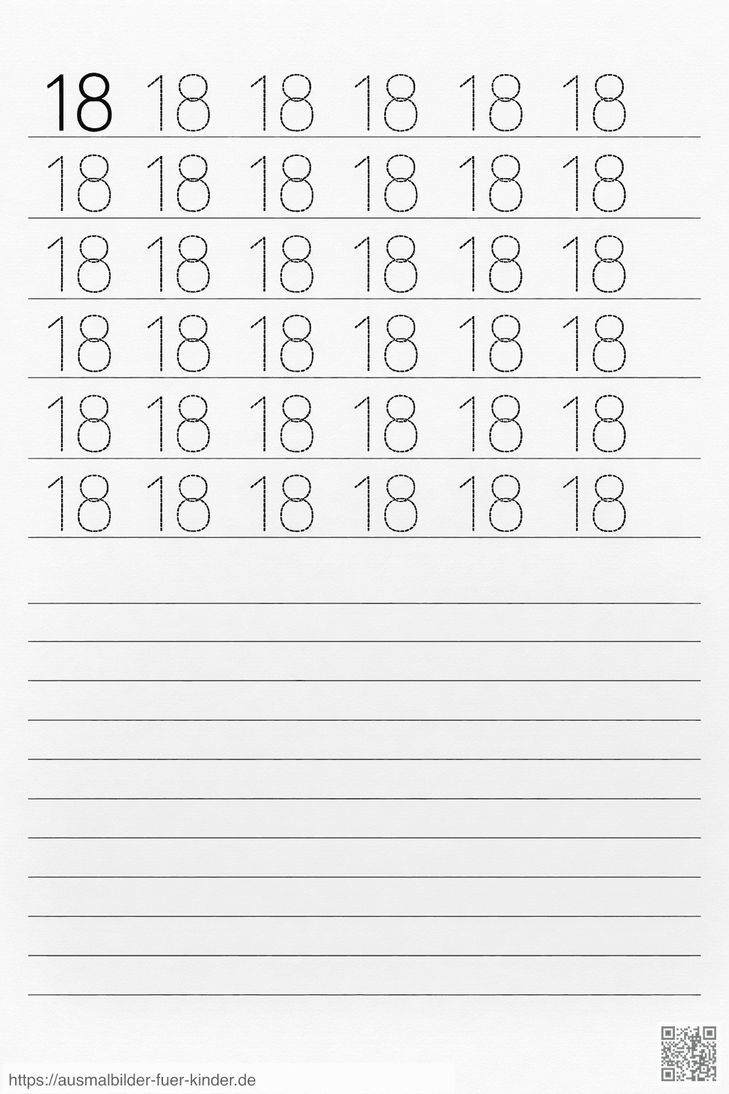 Schreibübung: Zahl 18 üben - Ausmalbild