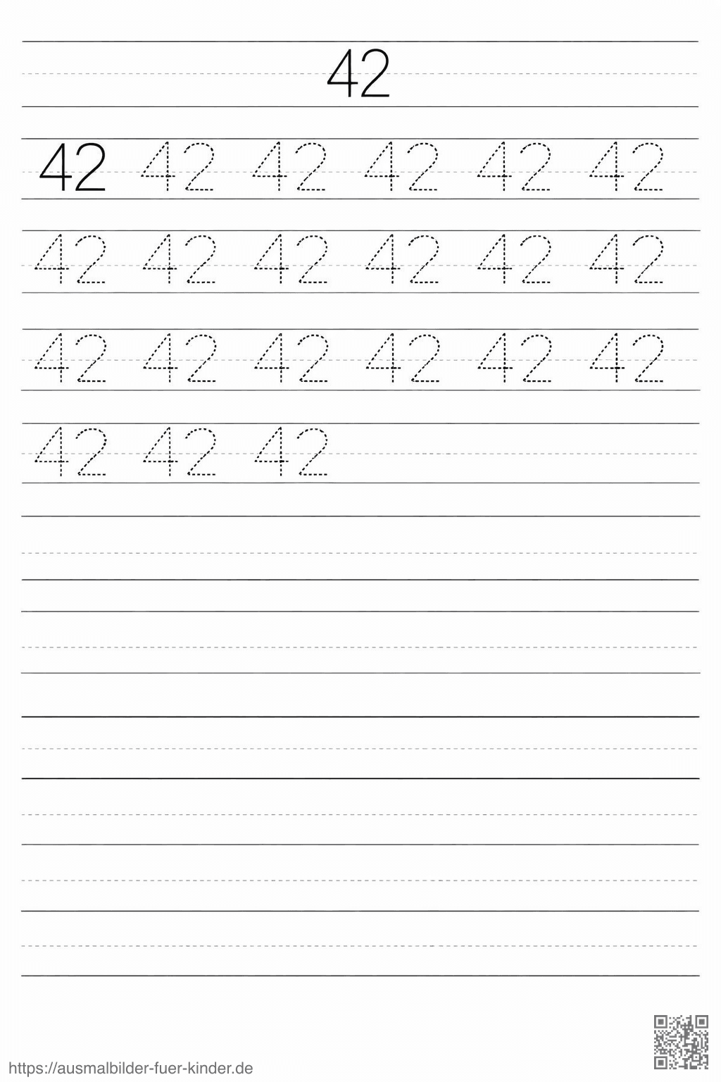 Schreibübungen für die Zahl 42 - Ausmalbild