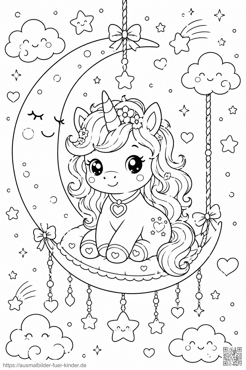 Zauberhafte Einhorn-Mondswing-Nacht - Ausmalbild