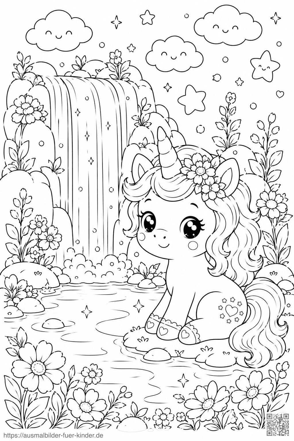 Zauberhafte Einhorn-Szene am Wasserfall - Ausmalbild