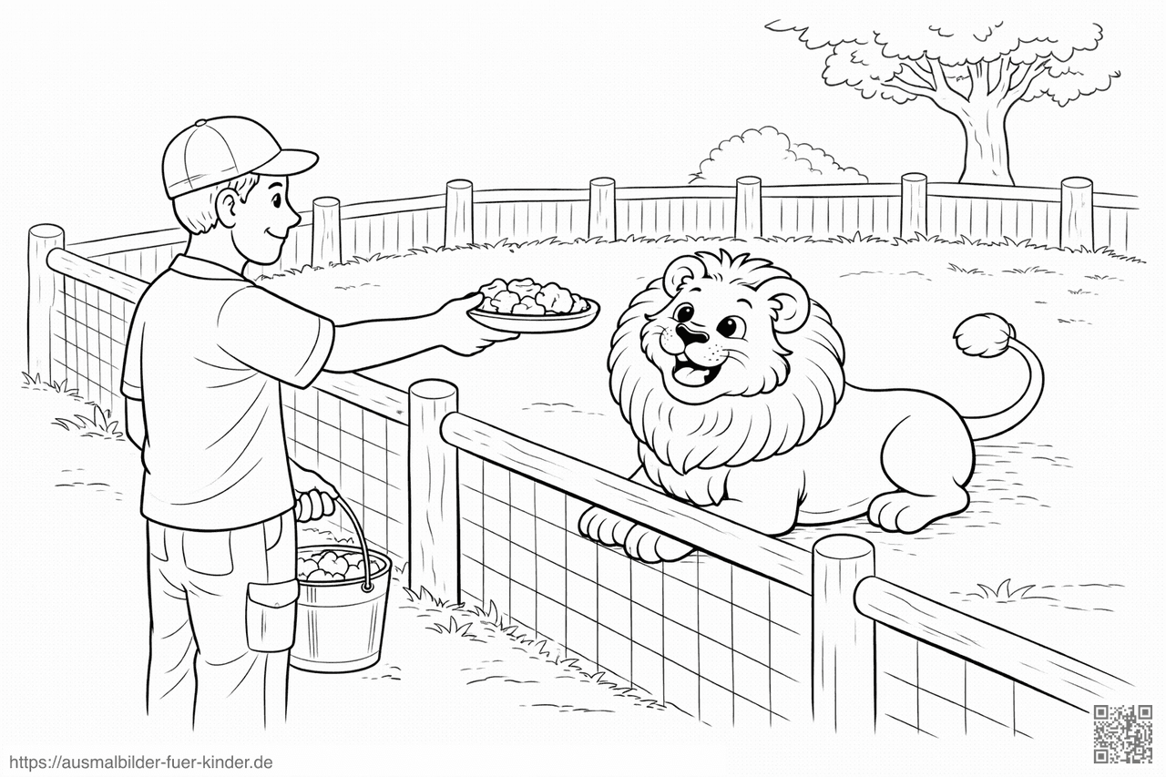 Zookeeper füttert einen hungrigen Löwen - Ausmalbild