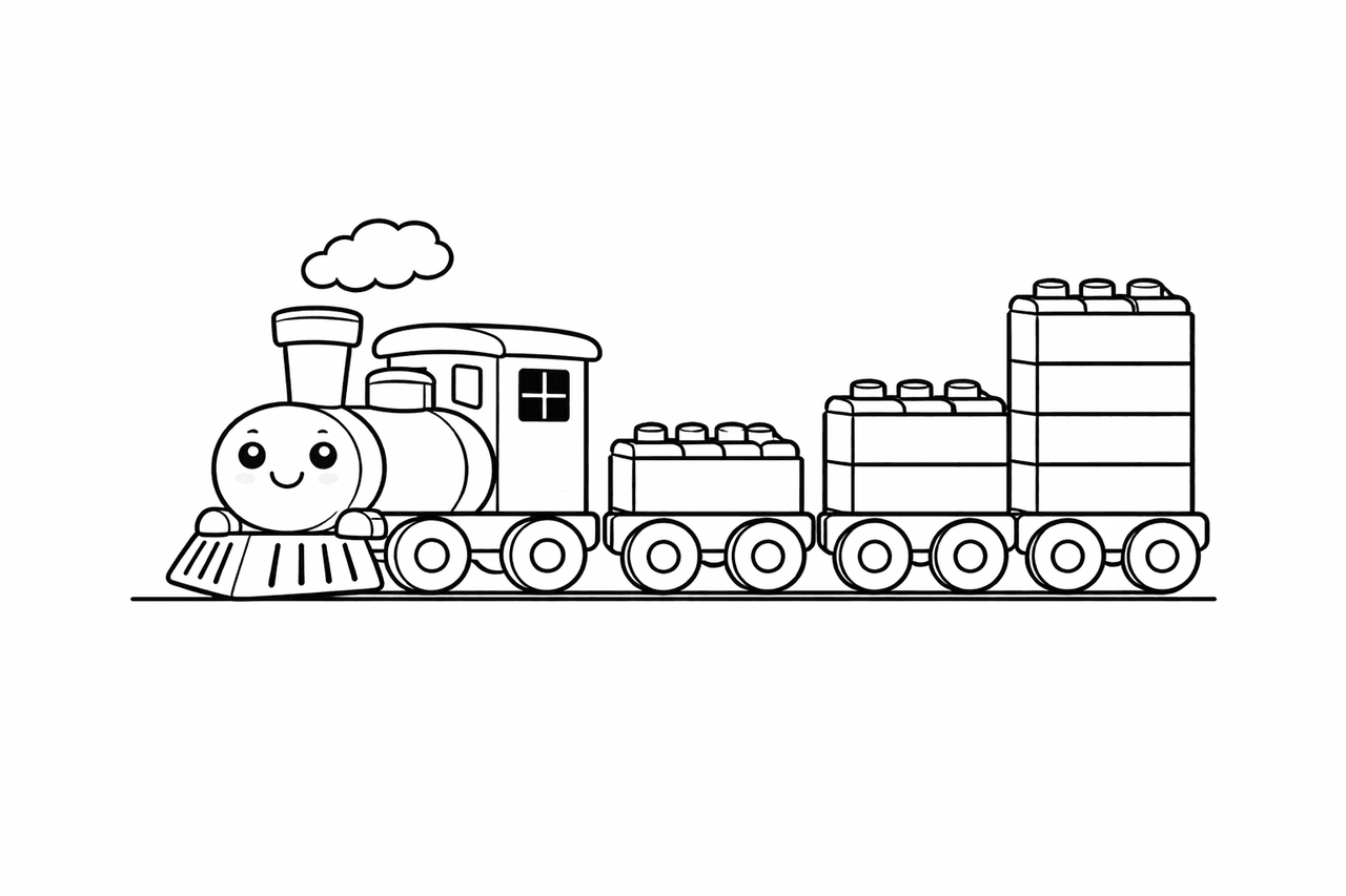 Baustein-Zug im Cartoon-Stil - Ausmalbild