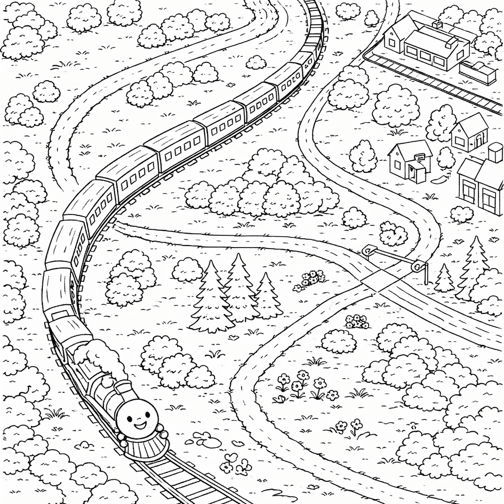 Zugfahrt durch die Landschaft - Ausmalbild