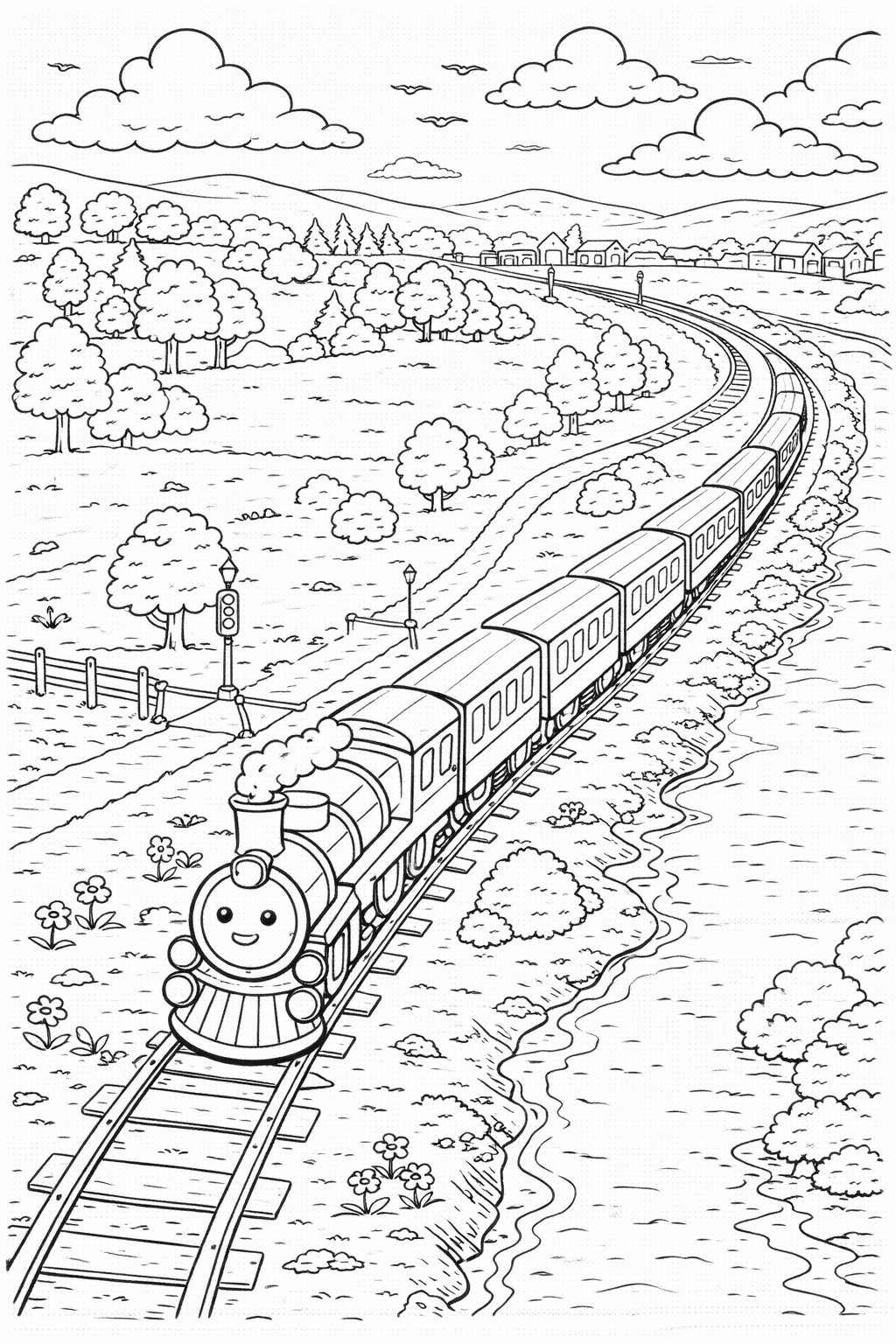 Zugfahrt durch ländliche Landschaft - Ausmalbild