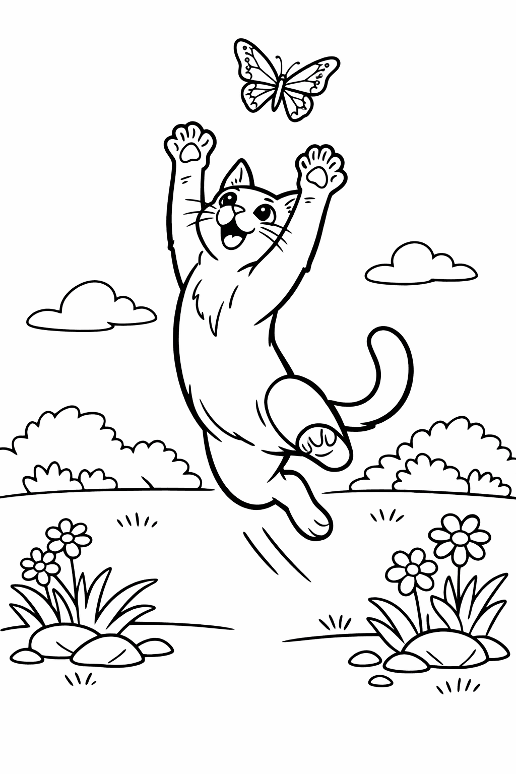 Katze jagt Schmetterling - Ausmalbild